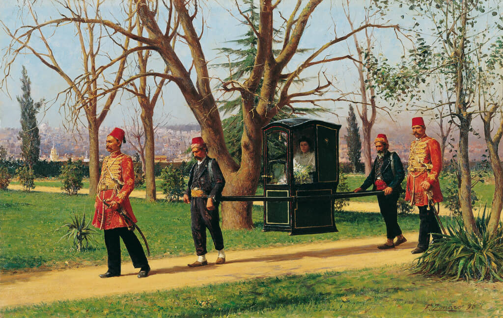 İngi̇li̇z El&amp;amp;amp;amp;ccedil;i̇si̇ni̇n Kızı Tahtırevanda, Fausto Zonaro, 1896, Tuval &amp;amp;amp;amp;uuml;zerine yağlıboya, 49 x 77 cm.