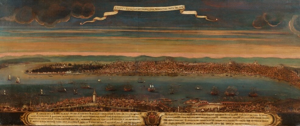 İstanbul Panoraması, Ressamı Beli̇rsi̇z, Tuval &amp;amp;amp;amp;amp;amp;uuml;zerine yağlıboya, 18. y&amp;amp;amp;amp;amp;amp;uuml;zyıl ikinci yarısı, 74 x 175 cm.