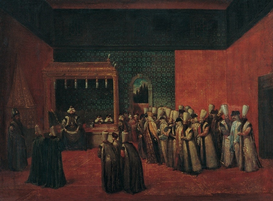 Sultan III. Ahmet&amp;amp;rsquo;in Avrupalı Bir El&amp;amp;ccedil;iyi Kabul&amp;amp;uuml;, Jean Baptiste Vanmour, (1725 ?), Tuval &amp;amp;uuml;zerine yağlıboya, 90 x 121 cm.